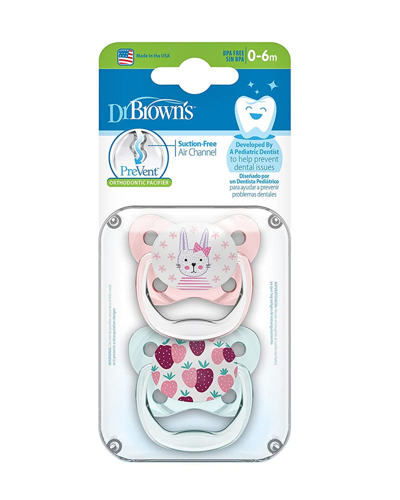 Dr. Brown's Pack de 2 Sucettes Orthodontiques Stage1 0-6M - Lapin Fraise