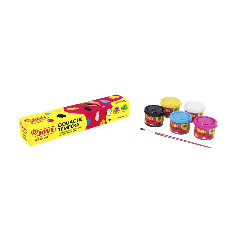 Jovi Boîte de 5 Pots de 35ml de Gouache Scolaire Assorties + 1 Pinceau