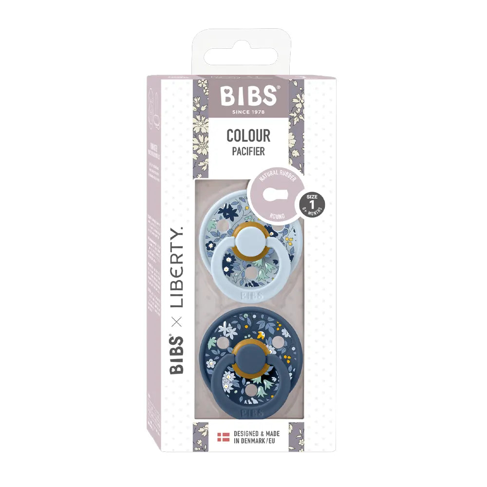 BIBS x LIBERTY Pack de 2 chupetes redondos - Mezcla de césped de manzanilla y azul bebé