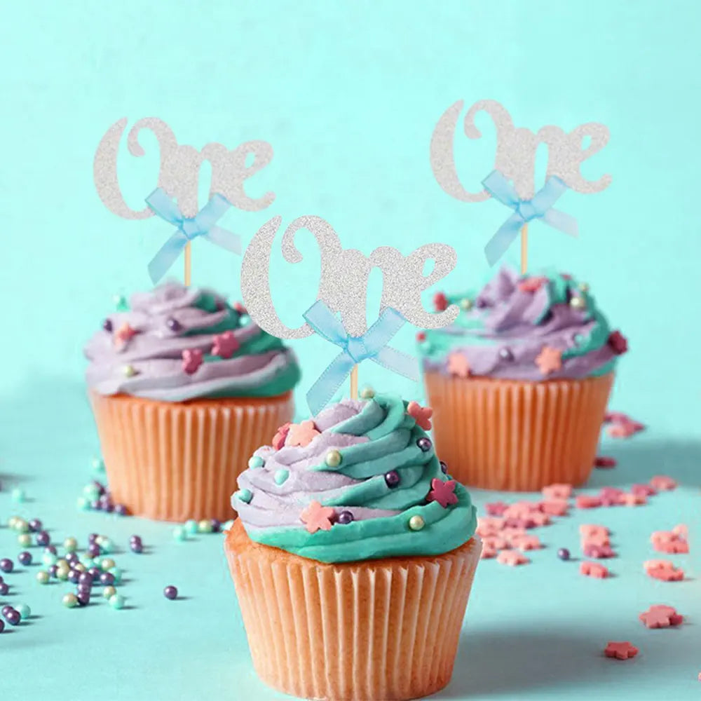 Set de 10 Toppers para Cupcakes de Cumpleaños UNO - Plateado
