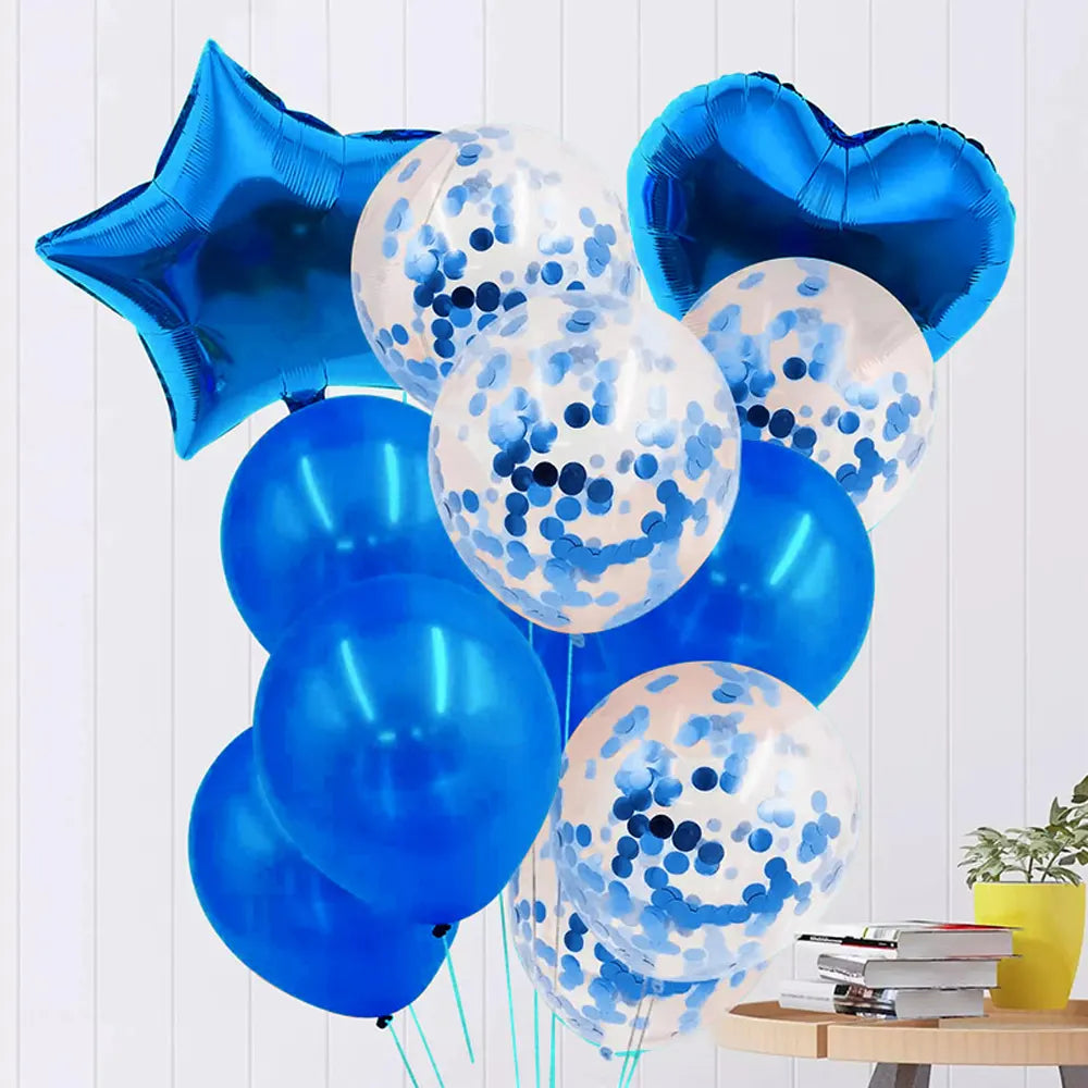 Bouquet de Ballons d’Anniversaire Bleu – Étoiles, Cœurs et Confettis