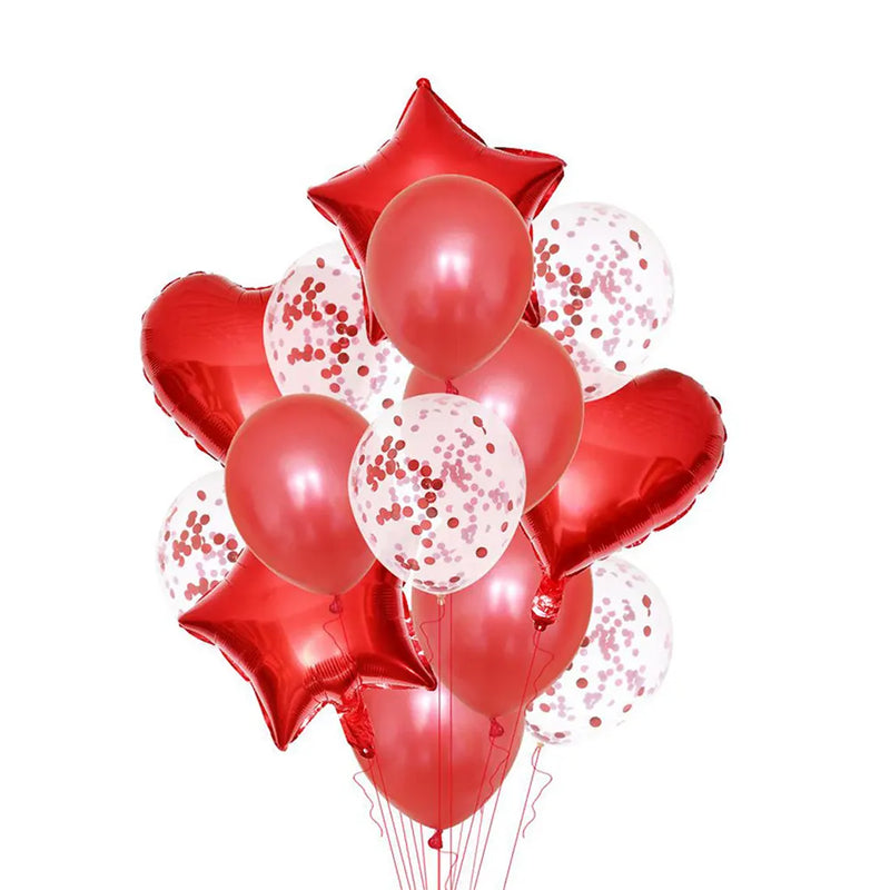 Bouquet de Ballons d’Anniversaire Rouge – Étoiles, Cœurs et Confettis