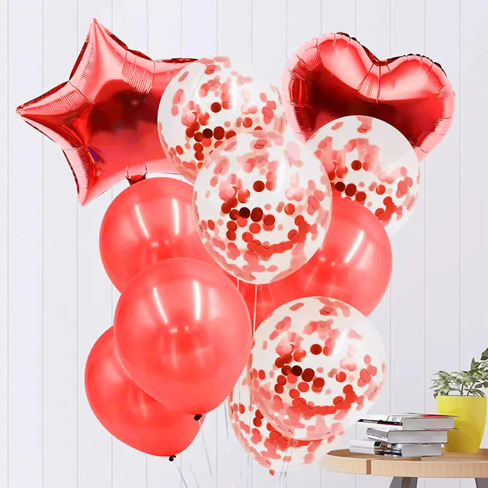 Bouquet de Ballons d’Anniversaire Rouge – Étoiles, Cœurs et Confettis
