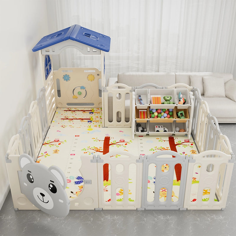 Parque Infantil Plegable + Casita + Colchoneta + Estante de 3 Niveles (209x185cm) - Gris