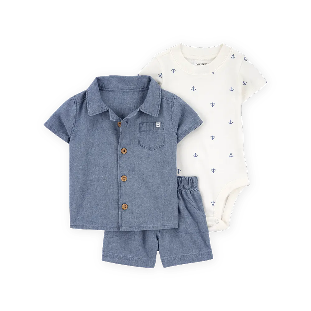 Ensemble 3 pièces ancre pour bébé garçon - Coton