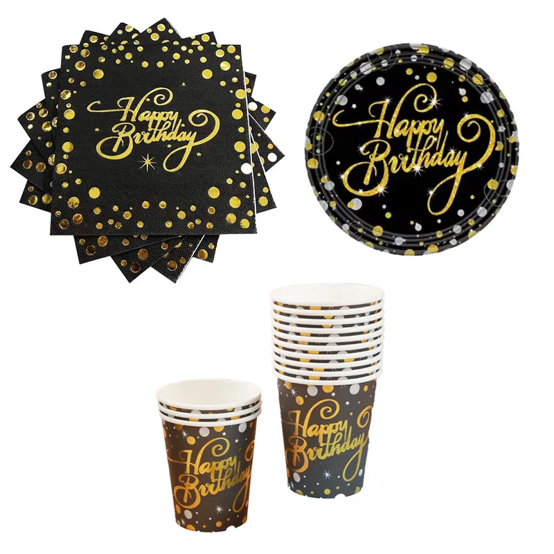 Pack of 10 Napkins & Plates & Cups - Black & Gold