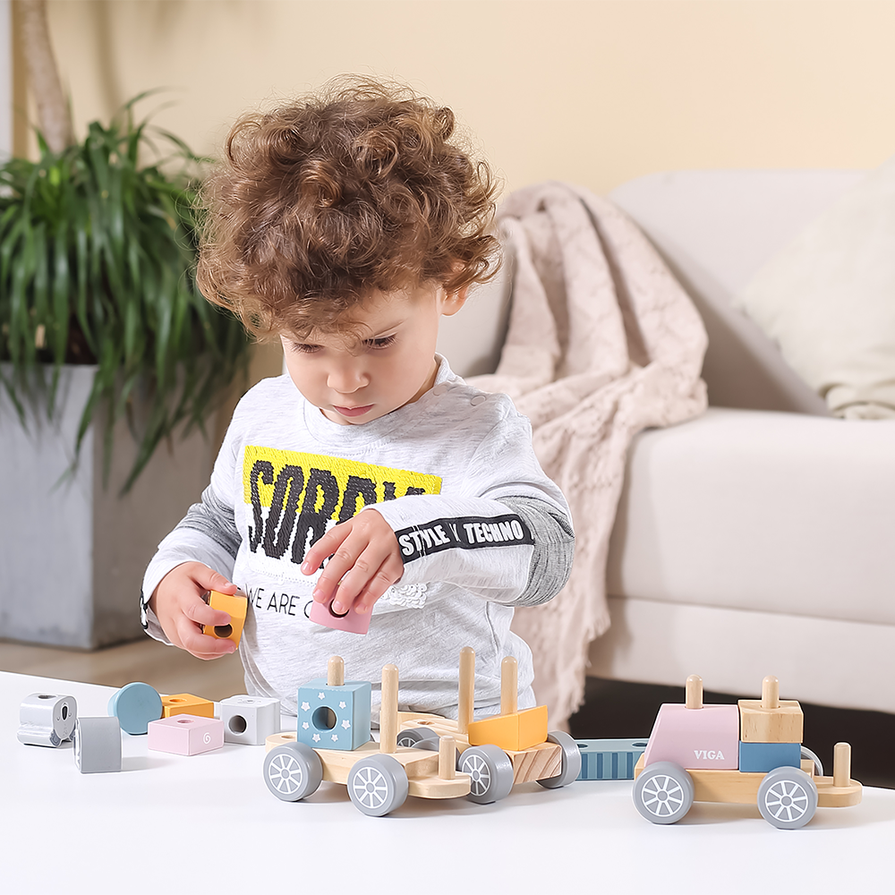 Viga Toys PolarB Train Empilable Animaux en Bois 18M+
