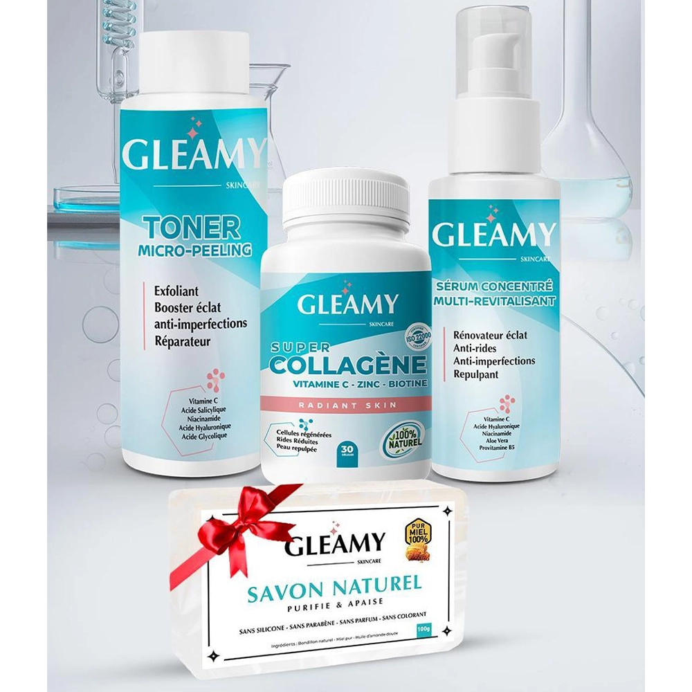 Gleamy Routine Peau Complete Toner 100ml +  Collagène Boite de 30 Gélules + Serum 50ml = Savon Offert