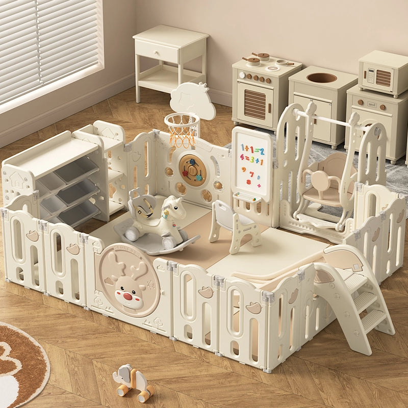 Parque infantil gigante (190x228 cm) + tapete + silla + estantería + estante para juguetes + combinación de parque infantil - Blanco
