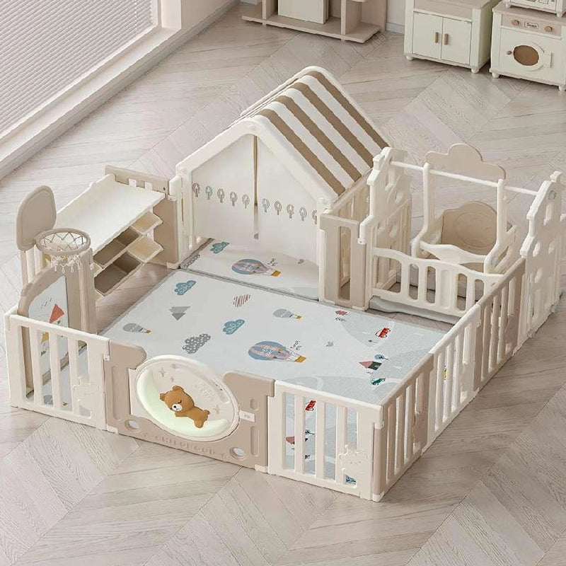 Parque Infantil (150x180 Cm) + Casa + Columpio + Red De Baloncesto + Tablero De Dibujo + Estante Para Juguetes - Marrón