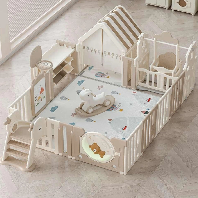 Parque de Juegos (180x200cm) + Casita + Columpio + Caballo Balancín + Tobogán + Estantería para Juguetes + Pizarra de Dibujo + Alfombra - Blanco