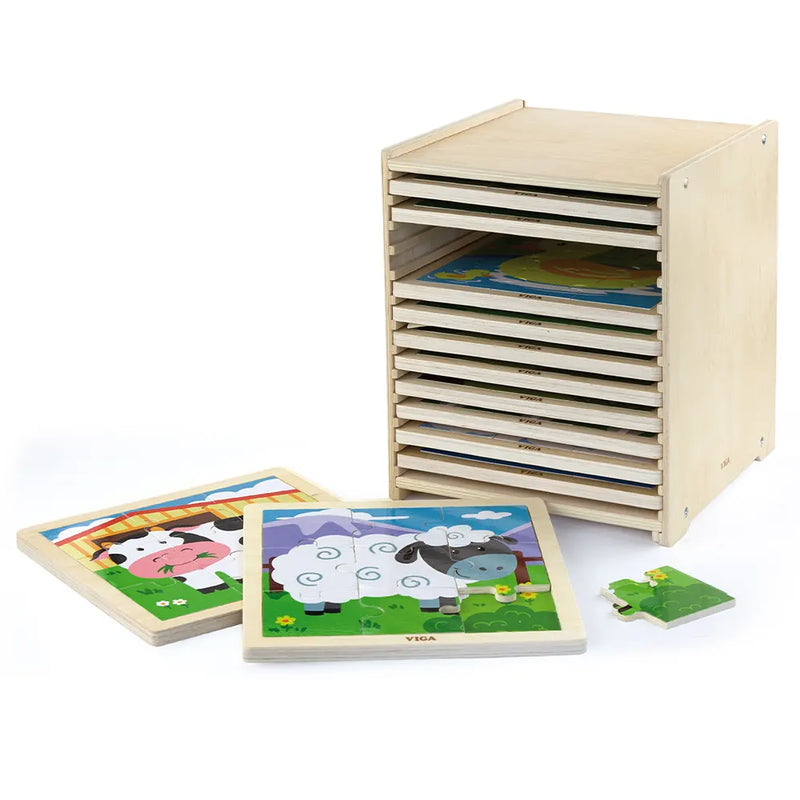 Viga Toys Set de 12 Puzzles Plats de 9 Pièces avec Support 18M+