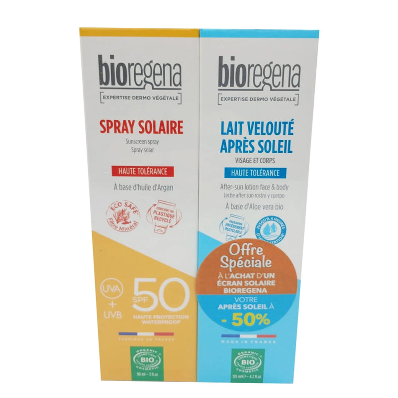 Bioregena Spray Solar BIO SPF50 Adultos 90ml + Leche Aterciopelada para Después del Sol 125ml -50%