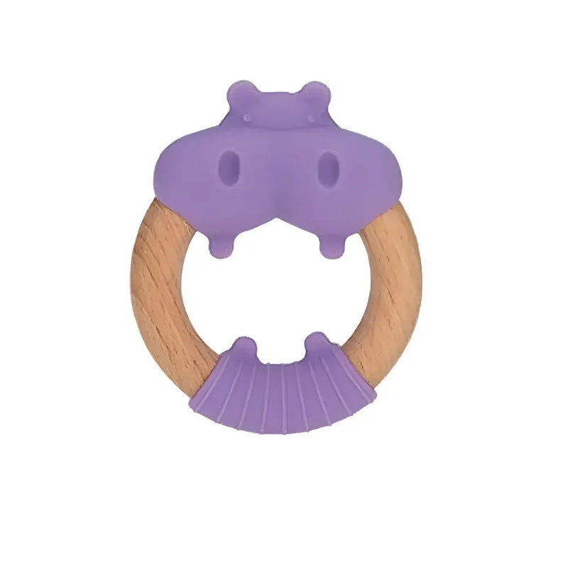 3m+ wooden and silicone teething ring - Hippopotamus