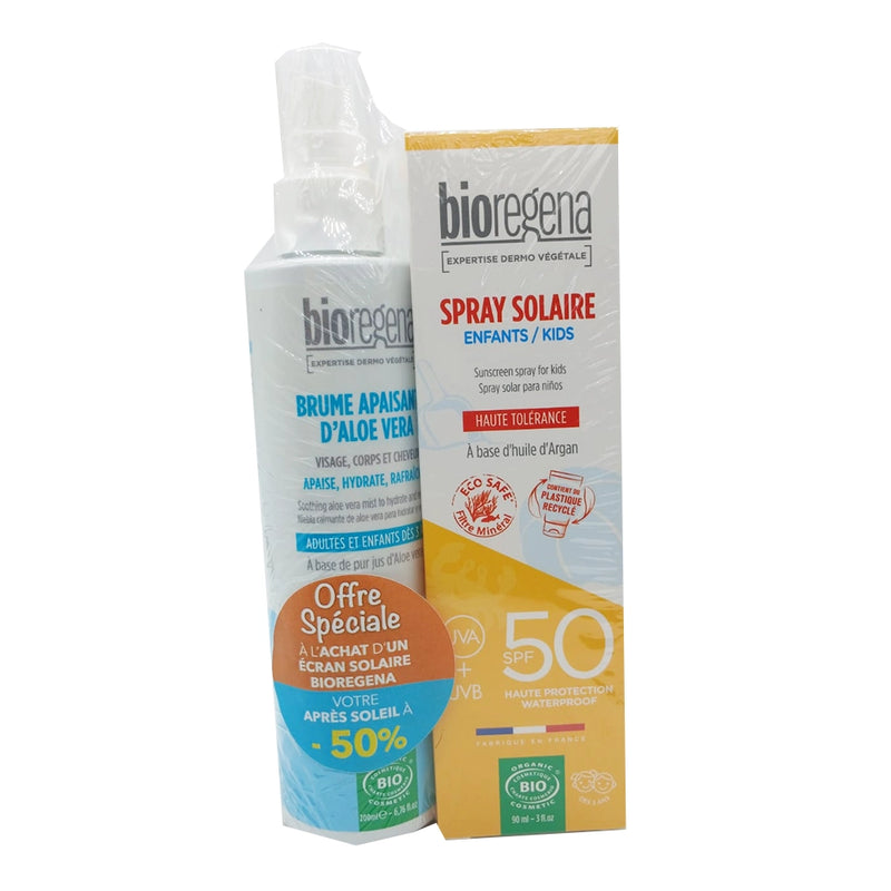 Bioregena Spray Solar BIO SPF50 Niños 90ml + Bruma Calmante de Aloe Vera 200ml -50%