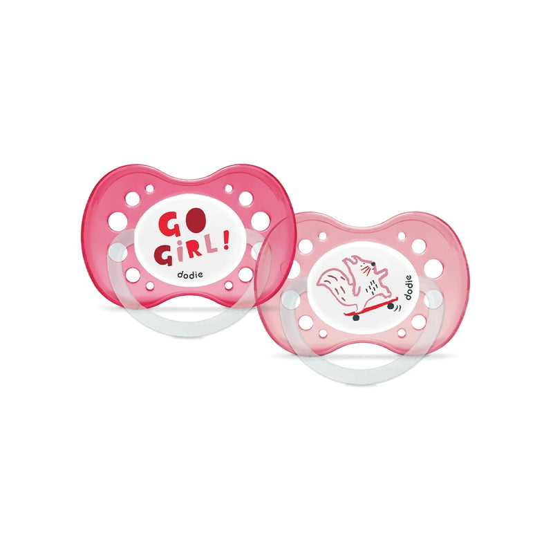 Paquete de 2 chupetes anatómicos de silicona Dodie +18m - Go Girl y Zorro