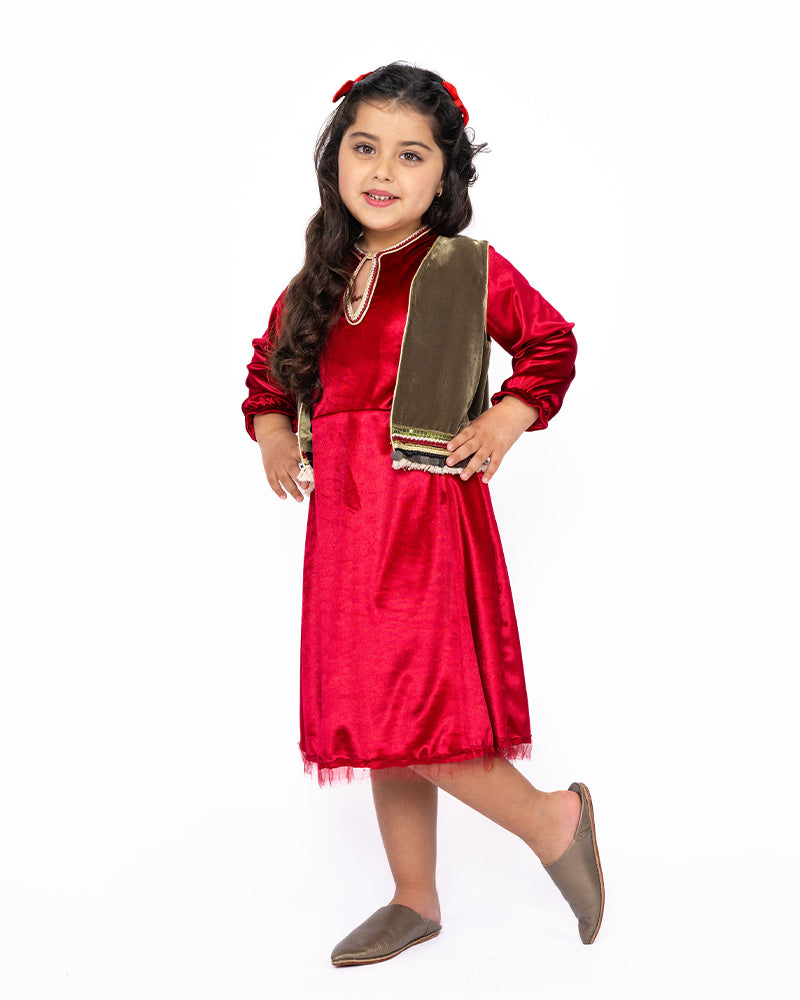 Kaftan Dress with Vest for Girl - Red & Brown