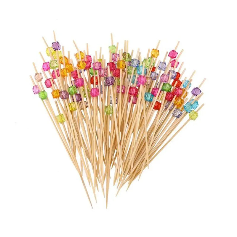 Pack of 100 Wooden Cocktail Skewers with Beads - Multicolor