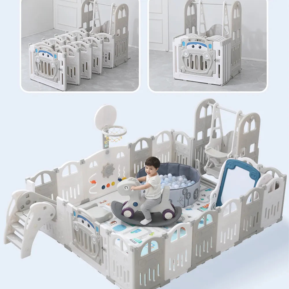Parc Pliable (151x188cm) + Toboggan + Balançoire + Tapis - Voiture Gris