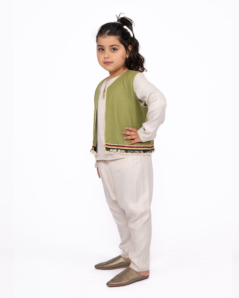 Jabador Dos Piezas Con Chaleco Para Niñas - Off-White & Khaki