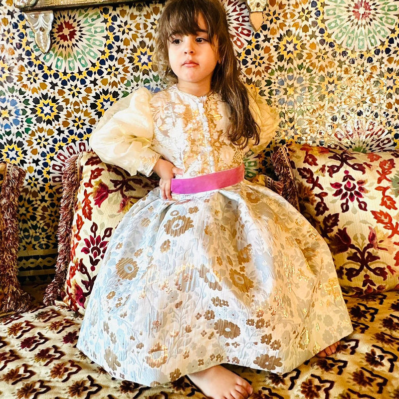 Mami Cami Caftan Robe Fille Brocart - Doré & Bleu