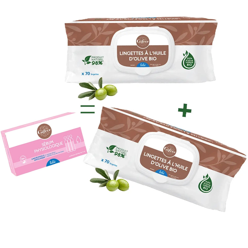 Gifrer Lot de 2 Lingettes Nettoyantes à l’Huile d’Olive 2x70 = Sérum Physiologique 5x5ml Offert