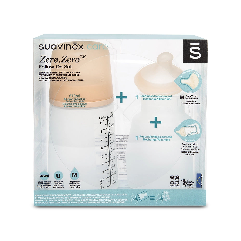 Suavinex Set Zero Zero Biberon Anti-Colique 270ml & Tétine & Poche Silicone de Rechange