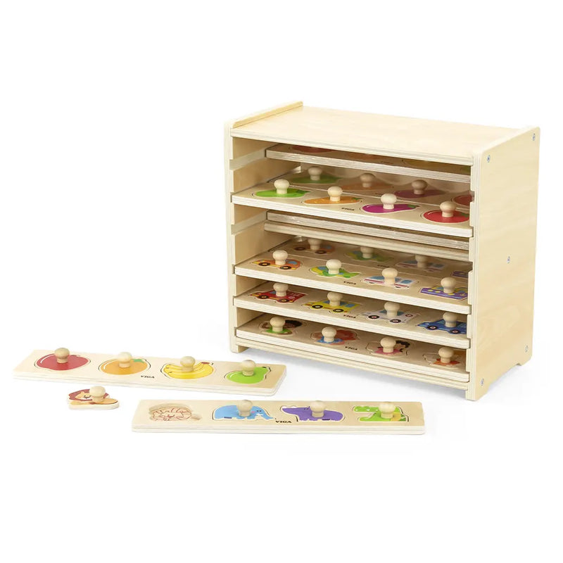 Viga Toys Set de 12 Puzzles Plats Poignée avec Support 18M+