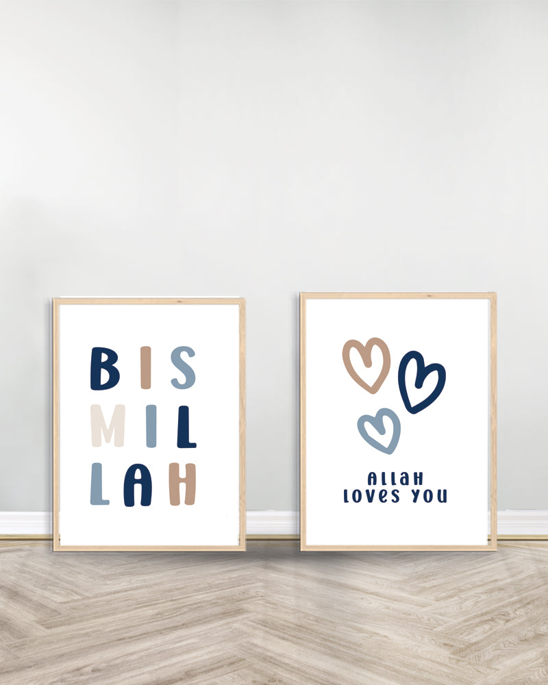 Conjunto de 2 Cuadros Decorativos Azules - Bismillah | Allah te ama - Madera