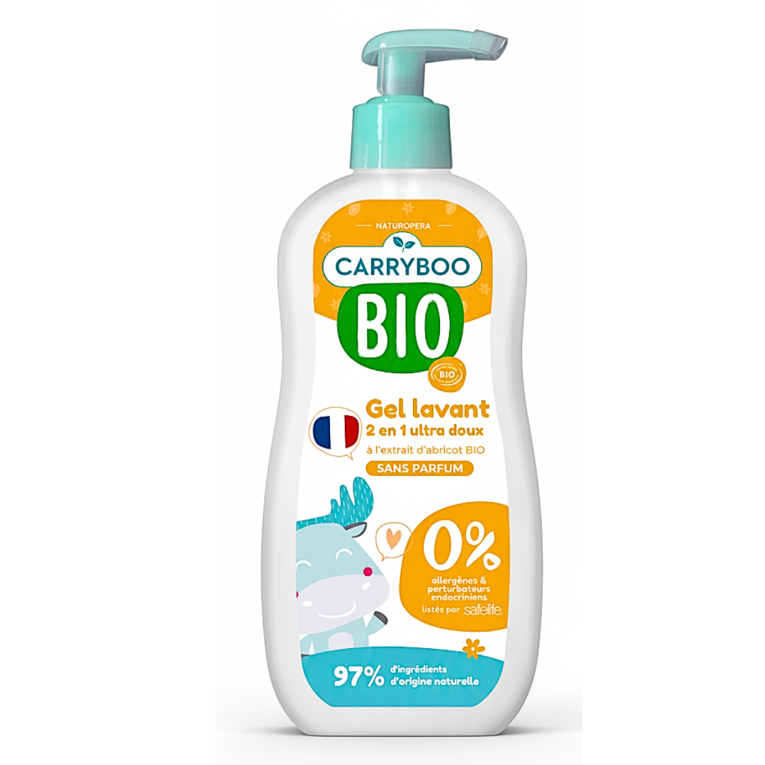 Carryboo Gel Lavant 2en1 Ultra Doux Abricot 500 ml – flacon de gel lavant corps et cheveux bébé