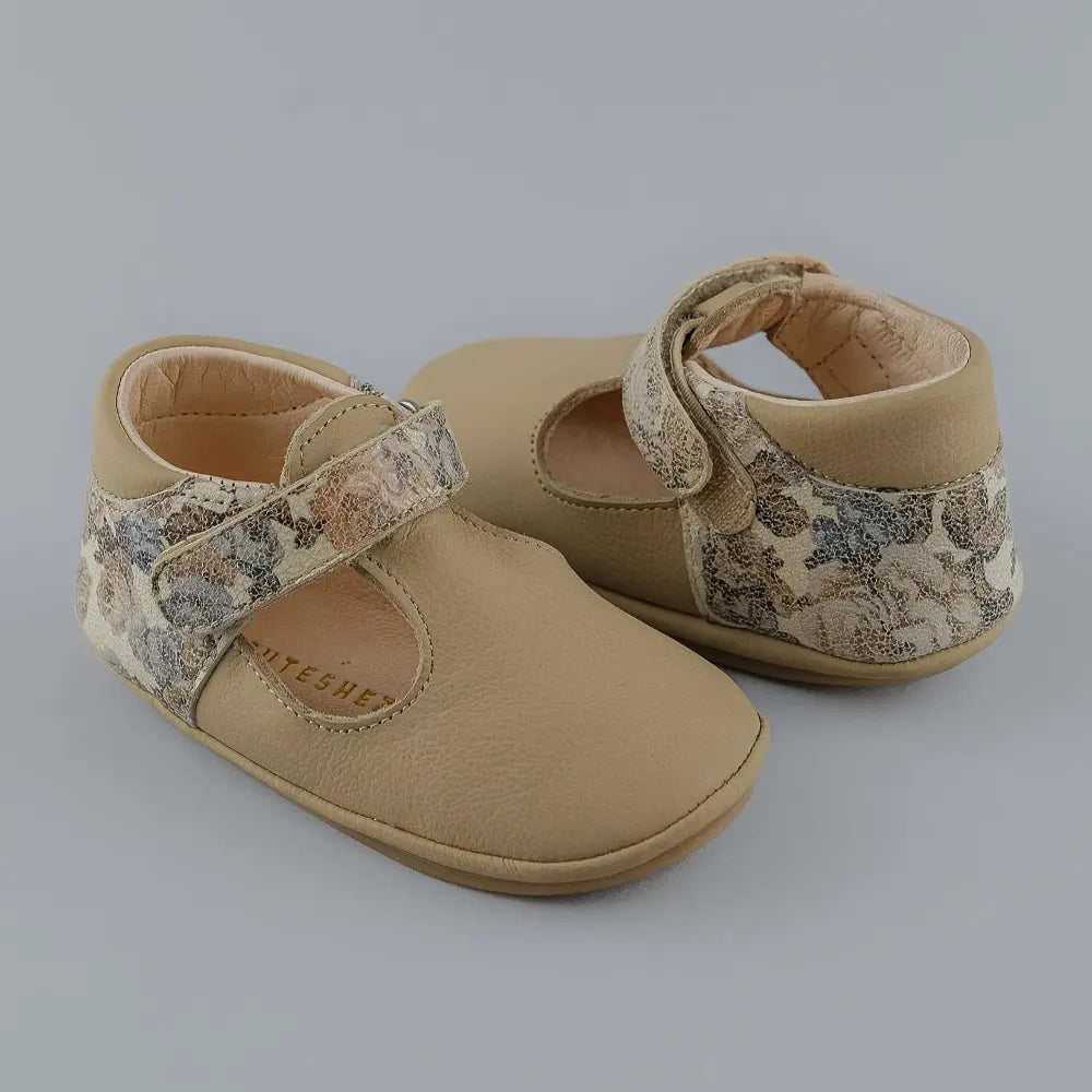 Cuteshez Leather T-Strap Shoe - Beige Flower