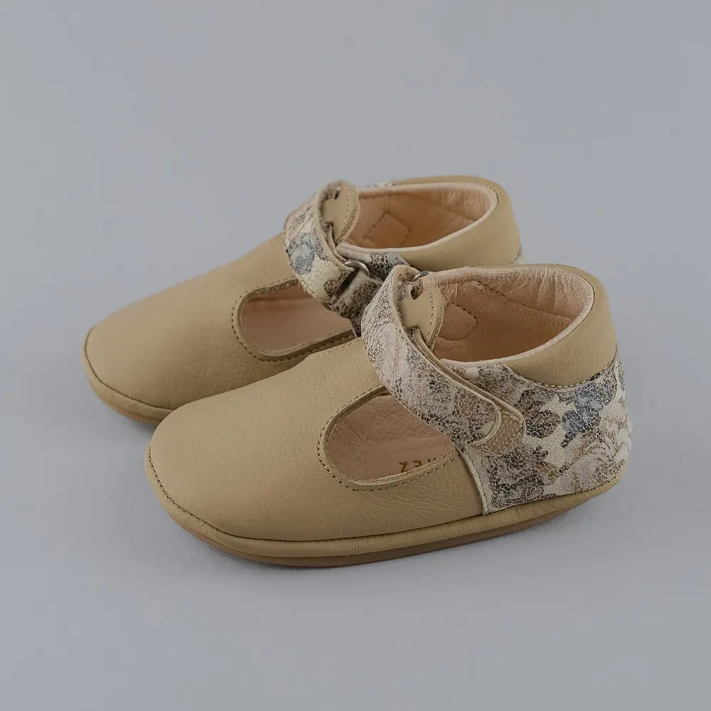 Cuteshez Leather T-Strap Shoe - Beige Flower