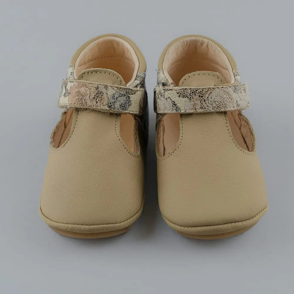 Cuteshez Leather T-Strap Shoe - Beige Flower