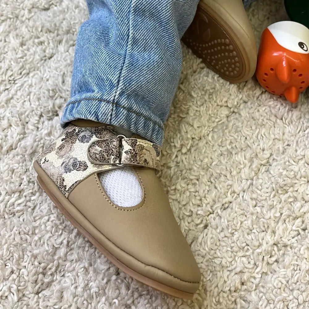 Cuteshez Leather T-Strap Shoe - Beige Flower