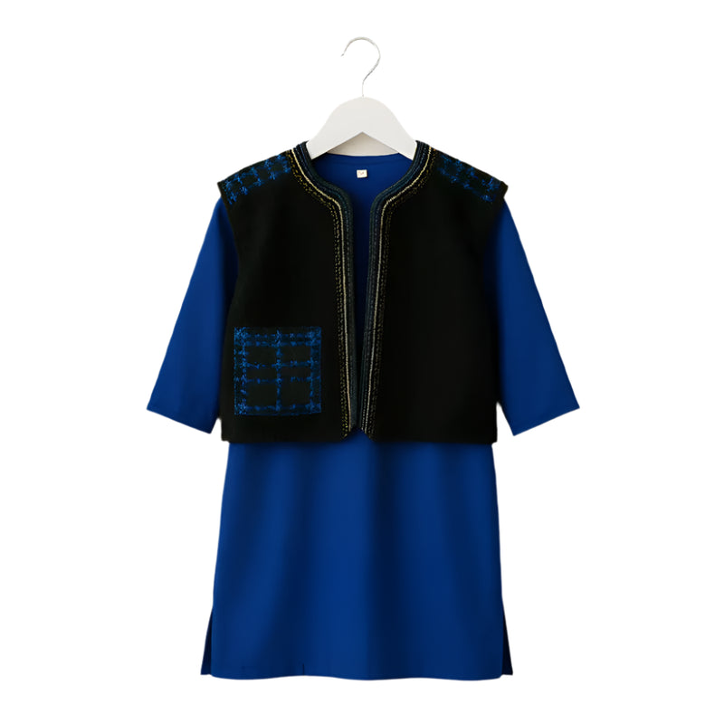 Traditional Girls' Outfit – Blue Dress & Black Vest