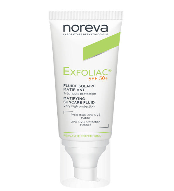 Tube Noreva Exfoliac fluide solaire matifiant SPF50+ 40 ml