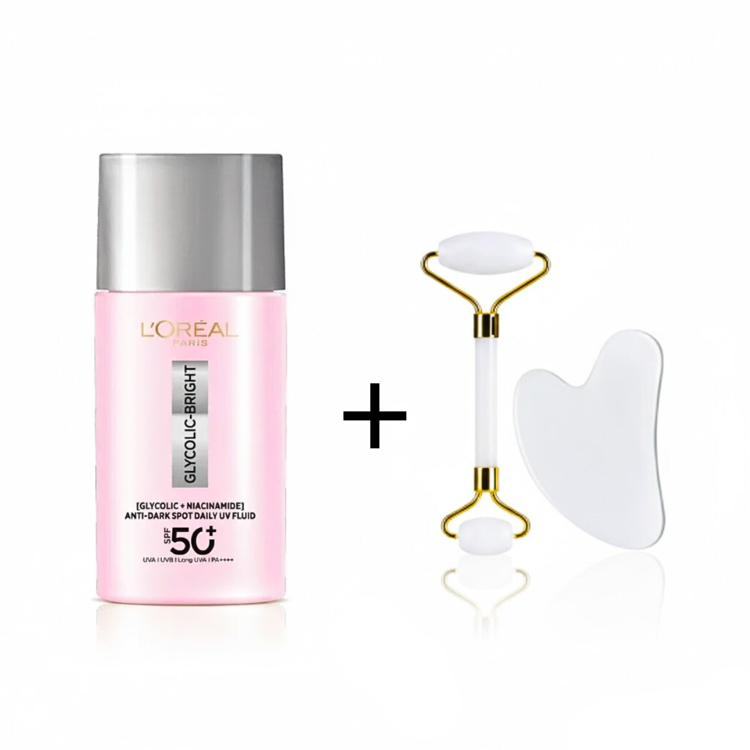 Pack L'Oréal Paris Glycolic Bright UV SPF50+ et coffret Gua Sha