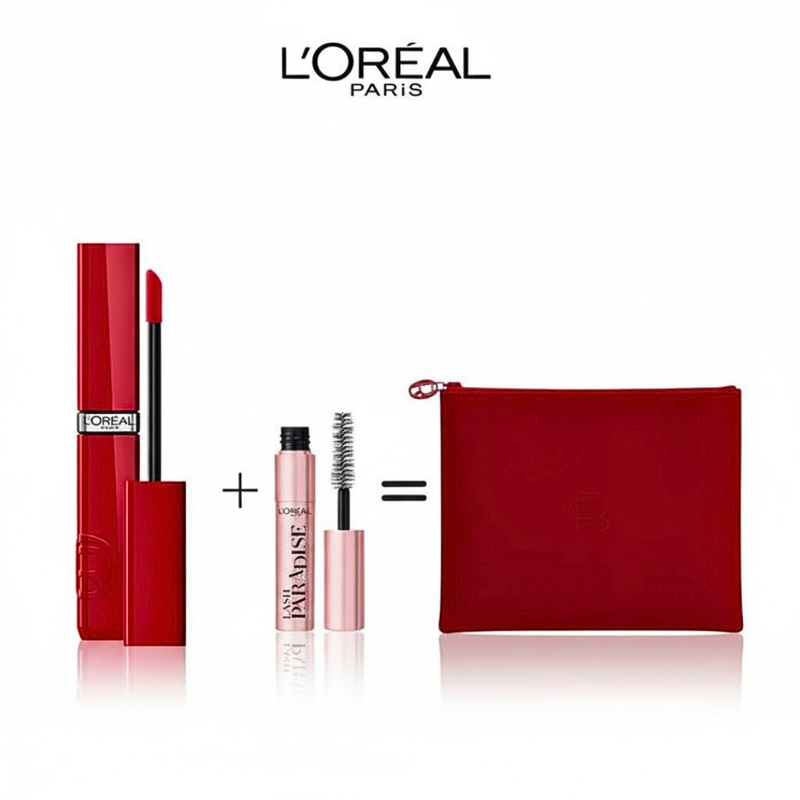 مجموعة L'Oréal Laque Résistance 420 + ميني Lash Paradise + حقيبة حمراء