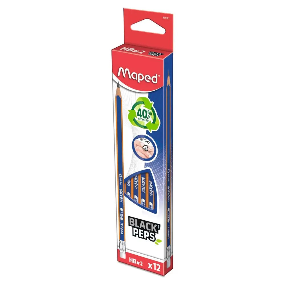 Maped Crayons Graphite Résine avec Embout Gomme – Boîte de 12