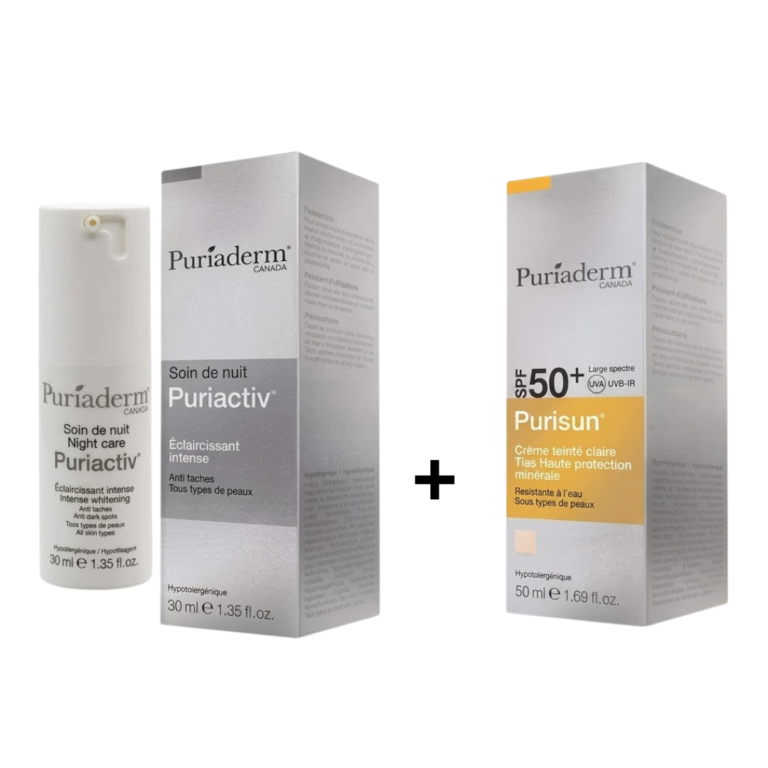 Pack Puriaderm Puriactiv soin de nuit et écran teinté clair SPF50+