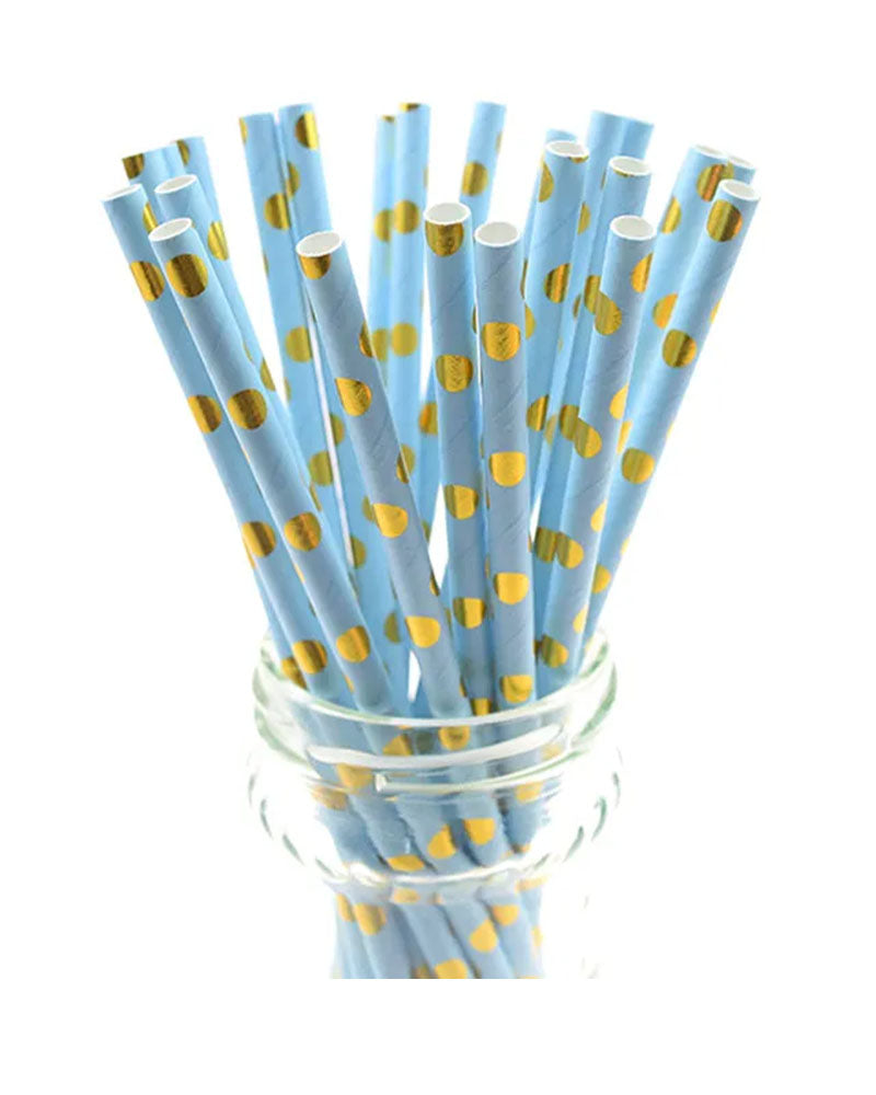 Set of 25 Disposable Paper Straws - Sky Blue & Gold