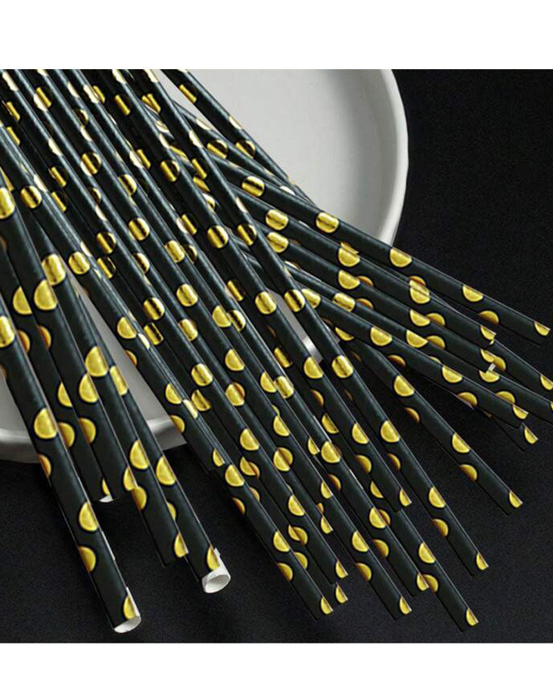 Set of 25 Disposable Paper Straws - Black & Gold