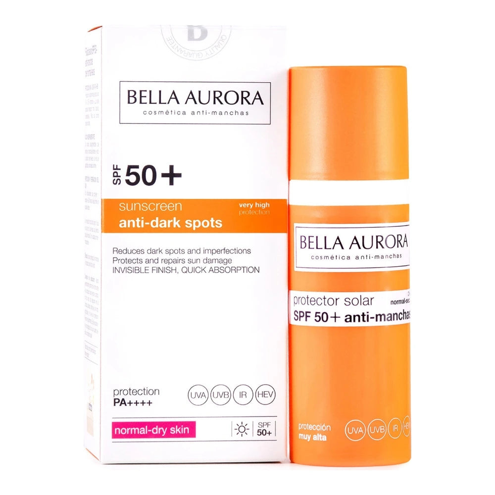 Bella Aurora Fluide Solaire Anti-Taches SPF 50+ Peaux Normales à Sèches 50 ml, flacon et boîte