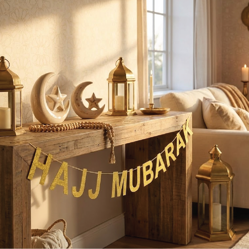 Bannière de Lettres Pailletées Hajj Mubarak 3 Mètres - Dorée