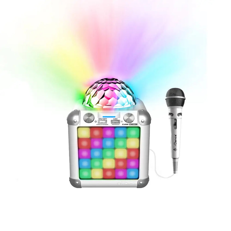 iDance Cube BC100X - Altavoz Bluetooth Karaoke con efectos de iluminación - Blanco