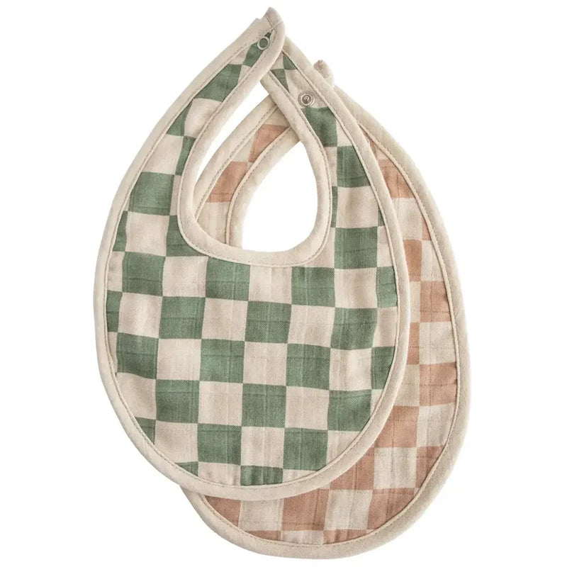 Mushie Set of 2 Muslin Bibs - Olive Check / Natural Check