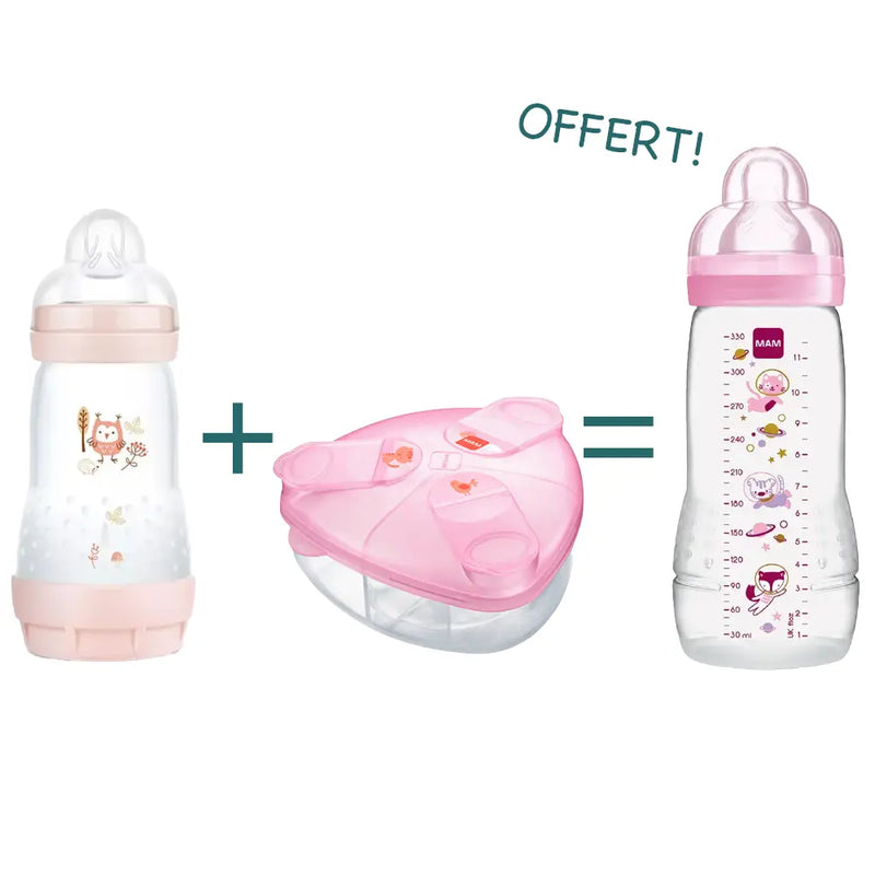 Offer: MAM Easy Start Anti-Colic Baby Bottle + Milk Powder Dispenser = Free MAM Easy Active Baby Bottle!
