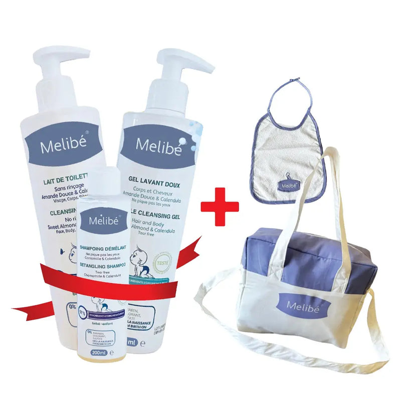 Oferta: Melibé Gel Limpiador Suave - 500ml + Leche Limpiadora - 500ml + Champú Desenredante - 200ml = ¡Un Babero + Una Bolsa Gratis!
