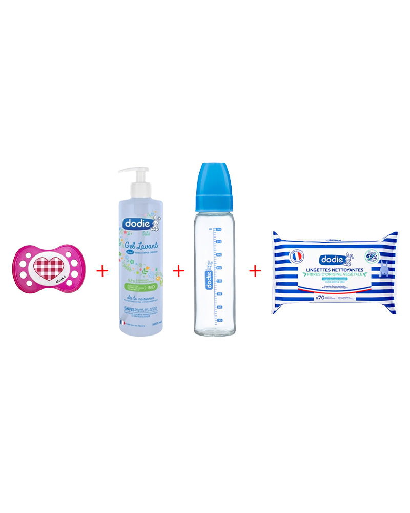 Dodie Offer: Wipe + Cleansing Gel + 240ml Bottle + 6m Pink Pacifier