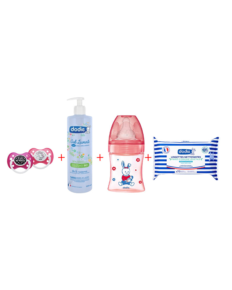 Dodie Offer: 150ml Pink Bottle + 2 Pink Pacifiers + Cleansing Gel + Wipe